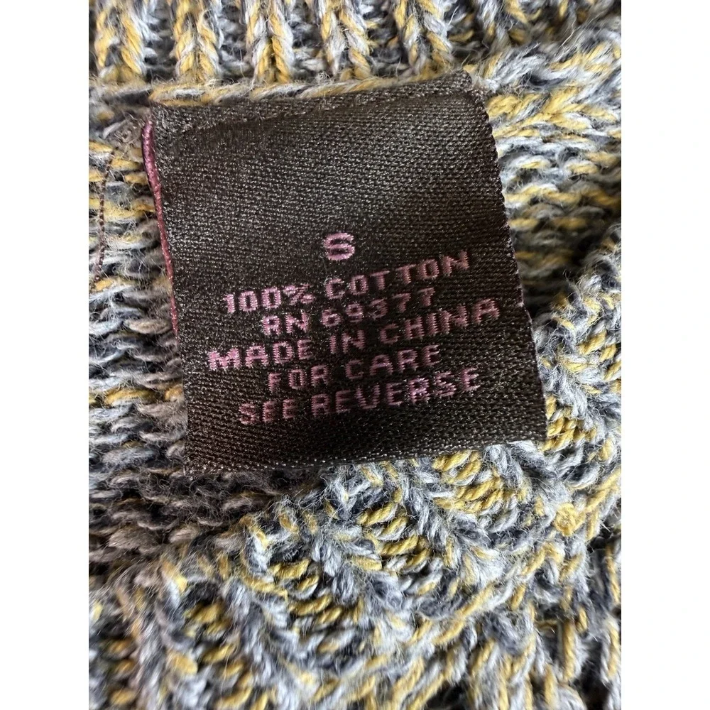 Heather B Marled Cotton Open Knit Sweater XS Gray Mustard Boho Textured Pullover